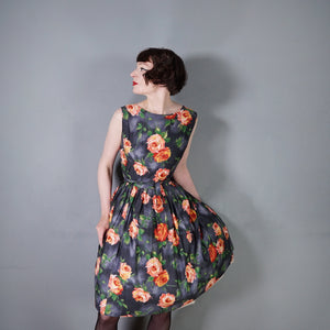 50s 60s STORM GREY AND VIVID ORANGE FLORAL ROSE PRINT DRESS - L / volup