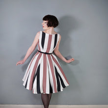 Load image into Gallery viewer, 60s BOLD BROWN, BLACK AND WHITE STRIPE FLIPPY FULL SKIRTED DRESS - S