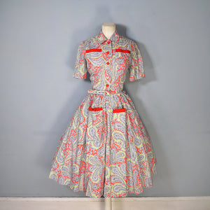 EARLY 50s BRIGHT GREEN AND RED PAISLEY PRINT SUN DRESS AND BOLERO - XS