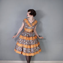 Load image into Gallery viewer, 50s SAMBO FASHIONS ORANGE FLORAL AND PAISLEY PATTERNED PAINTERLY DRESS - S