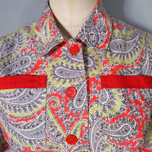 EARLY 50s BRIGHT GREEN AND RED PAISLEY PRINT SUN DRESS AND BOLERO - XS
