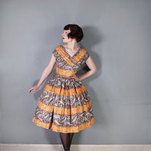 Load image into Gallery viewer, 50s SAMBO FASHIONS ORANGE FLORAL AND PAISLEY PATTERNED PAINTERLY DRESS - S