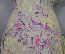 Load image into Gallery viewer, 40s PALE GREY-GREEN NOVELTY CITY STREET SCENE PRINT SILKY RAYON DRESS - L / VOLUP