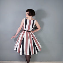 Load image into Gallery viewer, 60s BOLD BROWN, BLACK AND WHITE STRIPE FLIPPY FULL SKIRTED DRESS - S