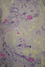 Load image into Gallery viewer, 40s PALE GREY-GREEN NOVELTY CITY STREET SCENE PRINT SILKY RAYON DRESS - L / VOLUP