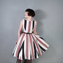 Load image into Gallery viewer, 60s BOLD BROWN, BLACK AND WHITE STRIPE FLIPPY FULL SKIRTED DRESS - S