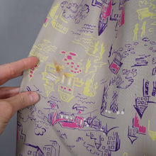 Load image into Gallery viewer, 40s PALE GREY-GREEN NOVELTY CITY STREET SCENE PRINT SILKY RAYON DRESS - L / VOLUP