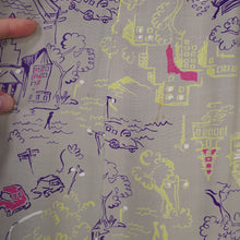 Load image into Gallery viewer, 40s PALE GREY-GREEN NOVELTY CITY STREET SCENE PRINT SILKY RAYON DRESS - L / VOLUP