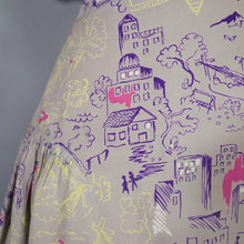 Load image into Gallery viewer, 40s PALE GREY-GREEN NOVELTY CITY STREET SCENE PRINT SILKY RAYON DRESS - L / VOLUP