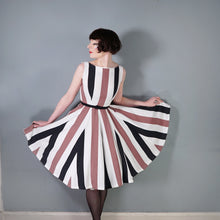 Load image into Gallery viewer, 60s BOLD BROWN, BLACK AND WHITE STRIPE FLIPPY FULL SKIRTED DRESS - S