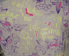 Load image into Gallery viewer, 40s PALE GREY-GREEN NOVELTY CITY STREET SCENE PRINT SILKY RAYON DRESS - L / VOLUP