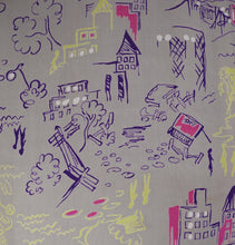 Load image into Gallery viewer, 40s PALE GREY-GREEN NOVELTY CITY STREET SCENE PRINT SILKY RAYON DRESS - L / VOLUP