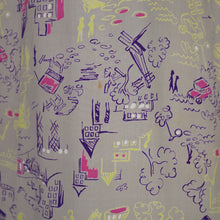 Load image into Gallery viewer, 40s PALE GREY-GREEN NOVELTY CITY STREET SCENE PRINT SILKY RAYON DRESS - L / VOLUP