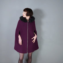 Load image into Gallery viewer, 60s WARM PLUM PURPLE CAPE COAT WITH FAUX FUR HOOD - S