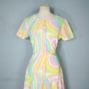 60s JERRIE LURIE SWIRLY PSHYCEDELIC PRINT PASTEL DRESS - S