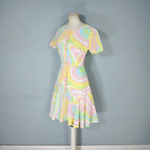 60s JERRIE LURIE SWIRLY PSHYCEDELIC PRINT PASTEL DRESS - S