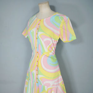 60s JERRIE LURIE SWIRLY PSHYCEDELIC PRINT PASTEL DRESS - S