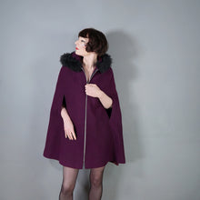 Load image into Gallery viewer, 60s WARM PLUM PURPLE CAPE COAT WITH FAUX FUR HOOD - S