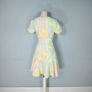 60s JERRIE LURIE SWIRLY PSHYCEDELIC PRINT PASTEL DRESS - S
