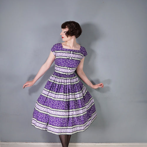 50s VICTOR JOSSELYN PURPLE PRINT FULL SKIRTED COTTON DAY DRESS - S