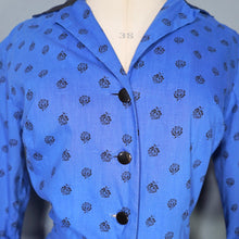 Load image into Gallery viewer, 50s HORROCKSES FASHIONS BRIGHT BLUE FLORAL SHIRTWAIST COTTON DRESS - S