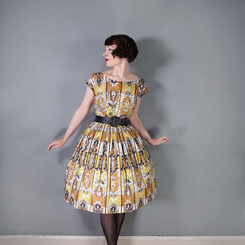 50s CONTINENTALS DRESS WITH BAROQUE ORNATE PRINT WITH FAUNS AND HARPYS - S