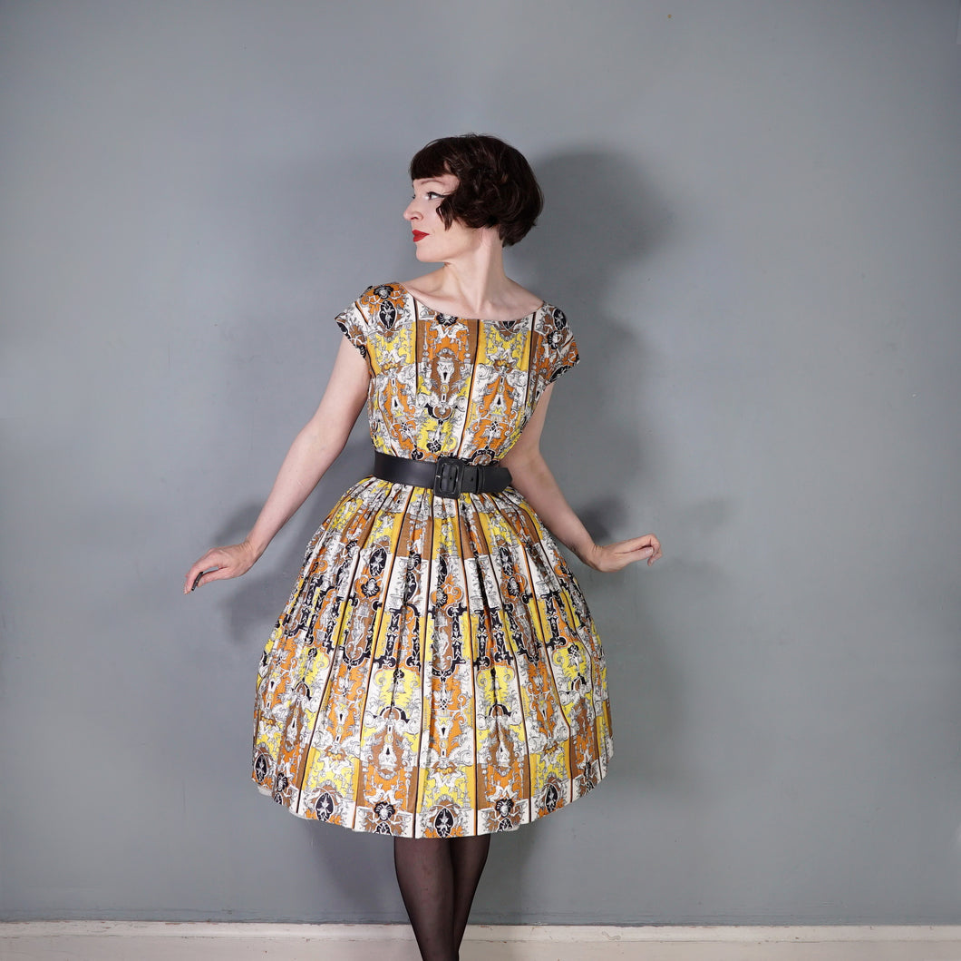 50s CONTINENTALS DRESS WITH BAROQUE ORNATE PRINT WITH FAUNS AND HARPYS - S