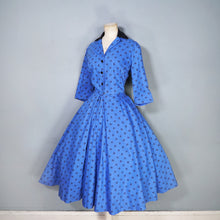 Load image into Gallery viewer, 50s HORROCKSES FASHIONS BRIGHT BLUE FLORAL SHIRTWAIST COTTON DRESS - S