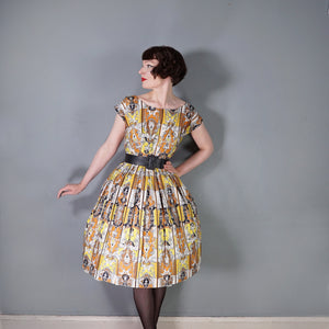 50s CONTINENTALS DRESS WITH BAROQUE ORNATE PRINT WITH FAUNS AND HARPYS - S