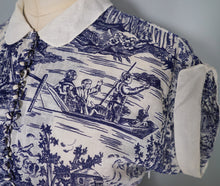 Load image into Gallery viewer, 40s LIGHTEST COTON DRESS IN BLUE WHITE TOILE DE JOUY PRINT - XS-S