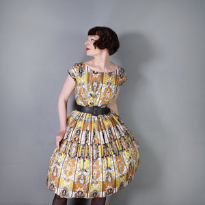 50s CONTINENTALS DRESS WITH BAROQUE ORNATE PRINT WITH FAUNS AND HARPYS - S
