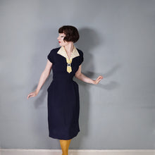 Load image into Gallery viewer, 40s BLUE RAYON DRESS WITH TIE COLLAR STYLED BY WELL-MADE - S-M