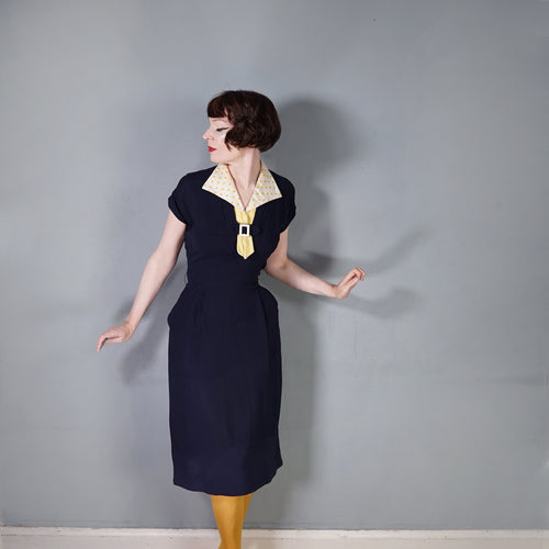40s BLUE RAYON DRESS WITH TIE COLLAR STYLED BY WELL-MADE - S-M