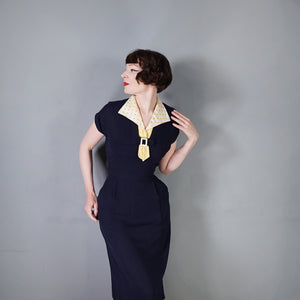 40s BLUE RAYON DRESS WITH TIE COLLAR STYLED BY WELL-MADE - S-M