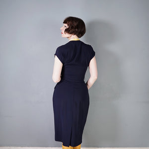 40s BLUE RAYON DRESS WITH TIE COLLAR STYLED BY WELL-MADE - S-M