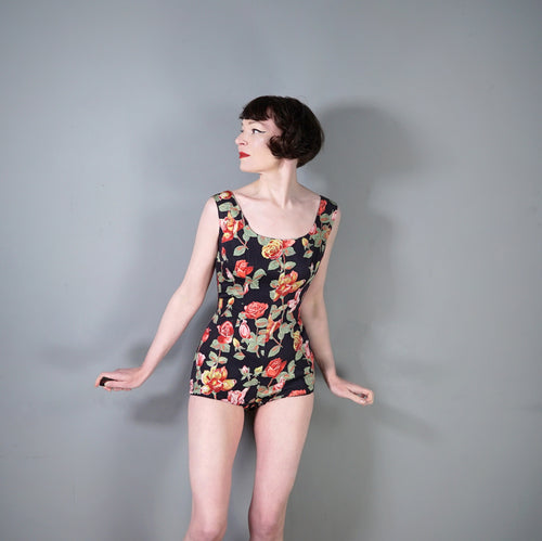 50s BLACK BIG ROSE FLORAL PRINT COTTON ROMPER / PLAYSUIT - S