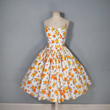 Load image into Gallery viewer, 50s "MISS LONDON" ORANGE AND YELLOW FLORAL STRAPPY SUN DRESS - S