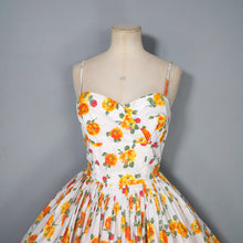Load image into Gallery viewer, 50s "MISS LONDON" ORANGE AND YELLOW FLORAL STRAPPY SUN DRESS - S