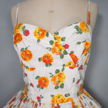 Load image into Gallery viewer, 50s "MISS LONDON" ORANGE AND YELLOW FLORAL STRAPPY SUN DRESS - S