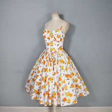 Load image into Gallery viewer, 50s "MISS LONDON" ORANGE AND YELLOW FLORAL STRAPPY SUN DRESS - S