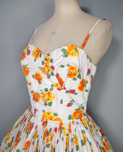 Load image into Gallery viewer, 50s "MISS LONDON" ORANGE AND YELLOW FLORAL STRAPPY SUN DRESS - S