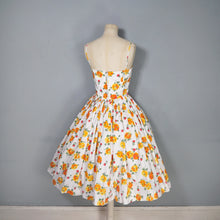 Load image into Gallery viewer, 50s "MISS LONDON" ORANGE AND YELLOW FLORAL STRAPPY SUN DRESS - S