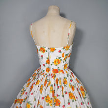 Load image into Gallery viewer, 50s "MISS LONDON" ORANGE AND YELLOW FLORAL STRAPPY SUN DRESS - S