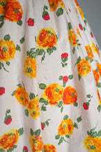 Load image into Gallery viewer, 50s "MISS LONDON" ORANGE AND YELLOW FLORAL STRAPPY SUN DRESS - S