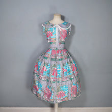Load image into Gallery viewer, 50s PINK AND GREY FULL SKIRTED NOVELTY DRESS WITH BEACH AND CAFE WINDOW SCENE - S