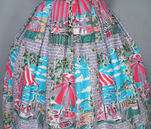 Load image into Gallery viewer, 50s PINK AND GREY FULL SKIRTED NOVELTY DRESS WITH BEACH AND CAFE WINDOW SCENE - S