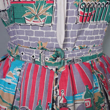 Load image into Gallery viewer, 50s PINK AND GREY FULL SKIRTED NOVELTY DRESS WITH BEACH AND CAFE WINDOW SCENE - S