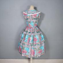 Load image into Gallery viewer, 50s PINK AND GREY FULL SKIRTED NOVELTY DRESS WITH BEACH AND CAFE WINDOW SCENE - S