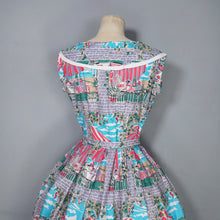 Load image into Gallery viewer, 50s PINK AND GREY FULL SKIRTED NOVELTY DRESS WITH BEACH AND CAFE WINDOW SCENE - S