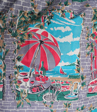 Load image into Gallery viewer, 50s PINK AND GREY FULL SKIRTED NOVELTY DRESS WITH BEACH AND CAFE WINDOW SCENE - S